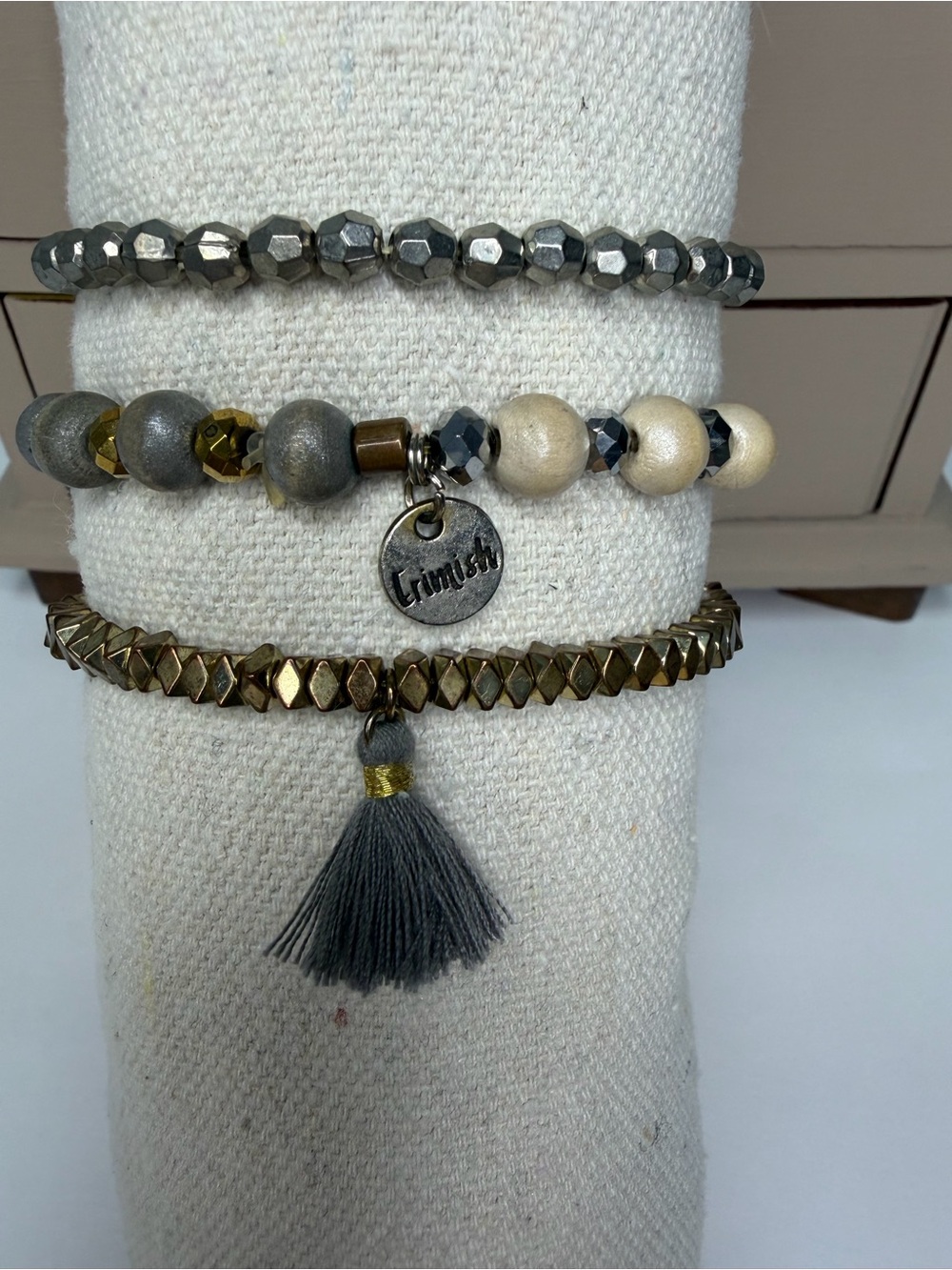 Erimish Gray, Gold & Cream Beaded Bracelet Set with Tassel Charm